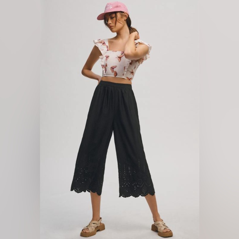Wide-Leg Eyelet Crop Pants